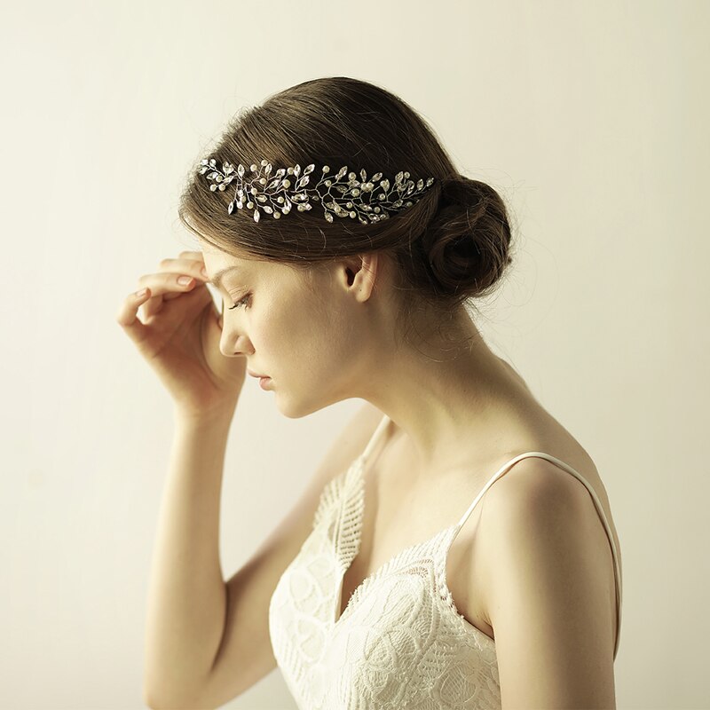 Pearl Bridal Hair Band | Glass Drill Korean Silver 26cm 13g