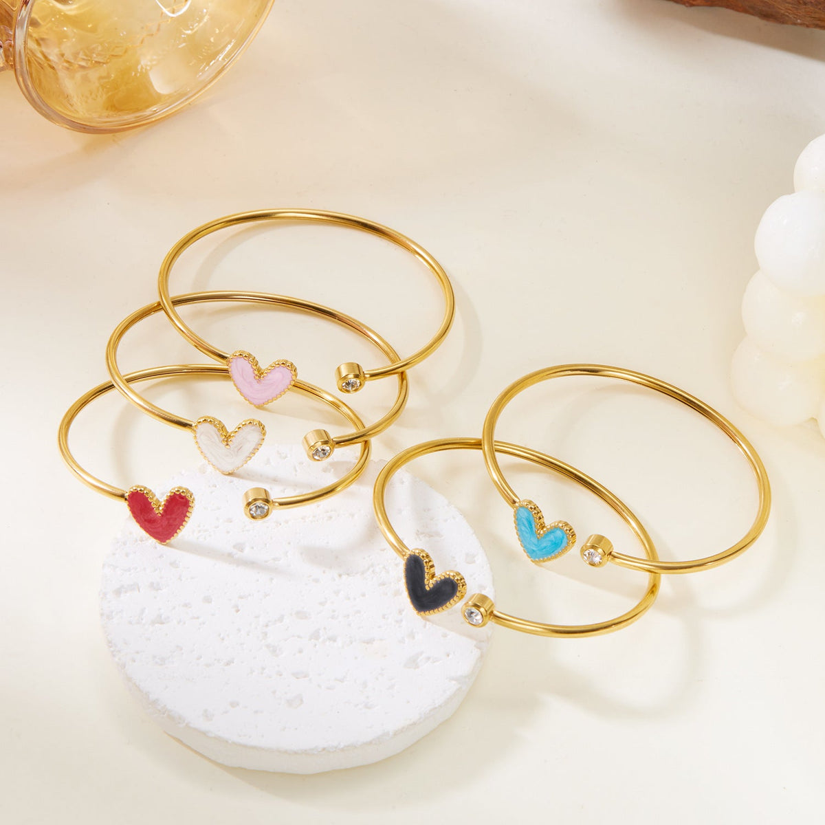 Hollow Heart Shape Drop Oil Diamond Bracelet in Stainless Steel