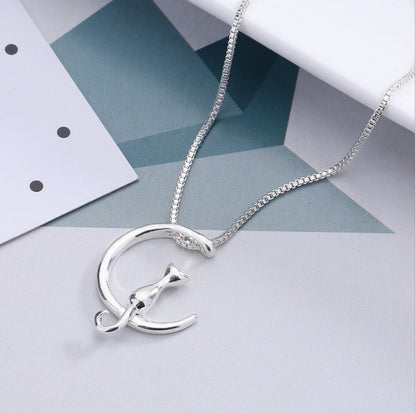 Cat and Moon Pendant Necklace for Women