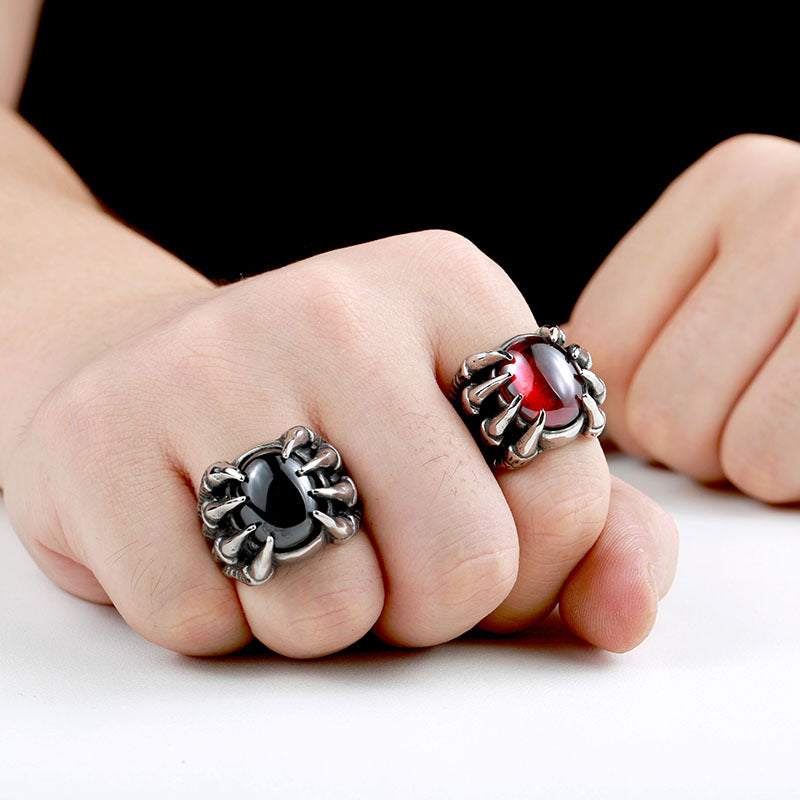 Men's Vintage Zircon Inlaid Stainless Steel Ring | Ruby and Black Agate