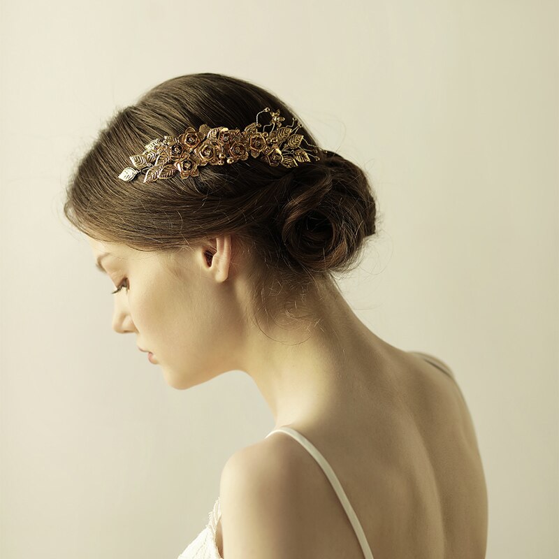 Brass Pearl Crystal Bridal Hair Comb | Copper Flower Gold 18cm