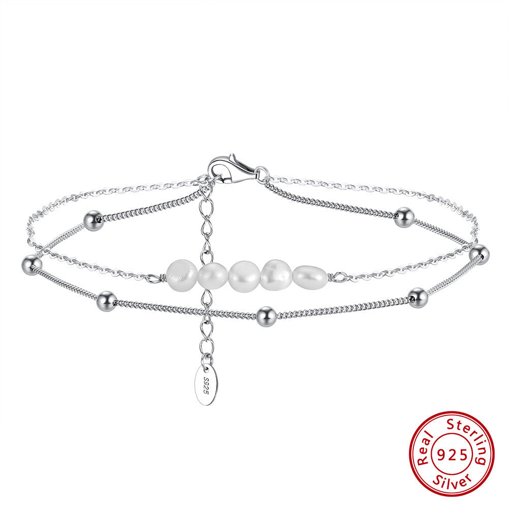 Pearl Double Chain Anklet | 14K Gold White Gold 22+5cm