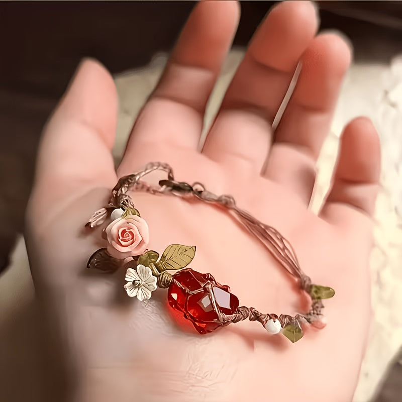 Red Crystal Flower Pendant Boho Bracelet for Women | Adjustable