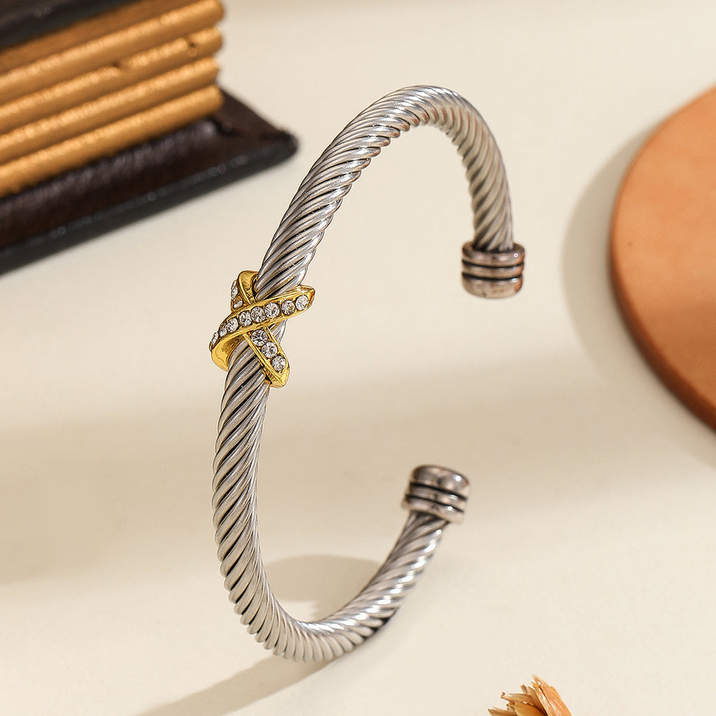Figure-8 Cross Open Bracelet with Zircon | Stainless Steel Unisex