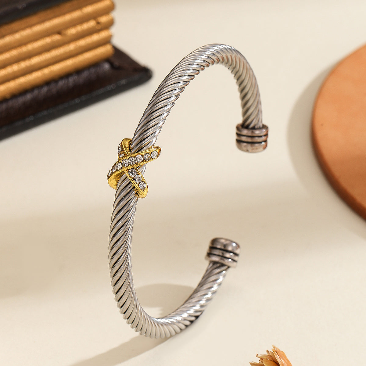Figure-8 Cross Open Bracelet with Zircon | Stainless Steel Unisex