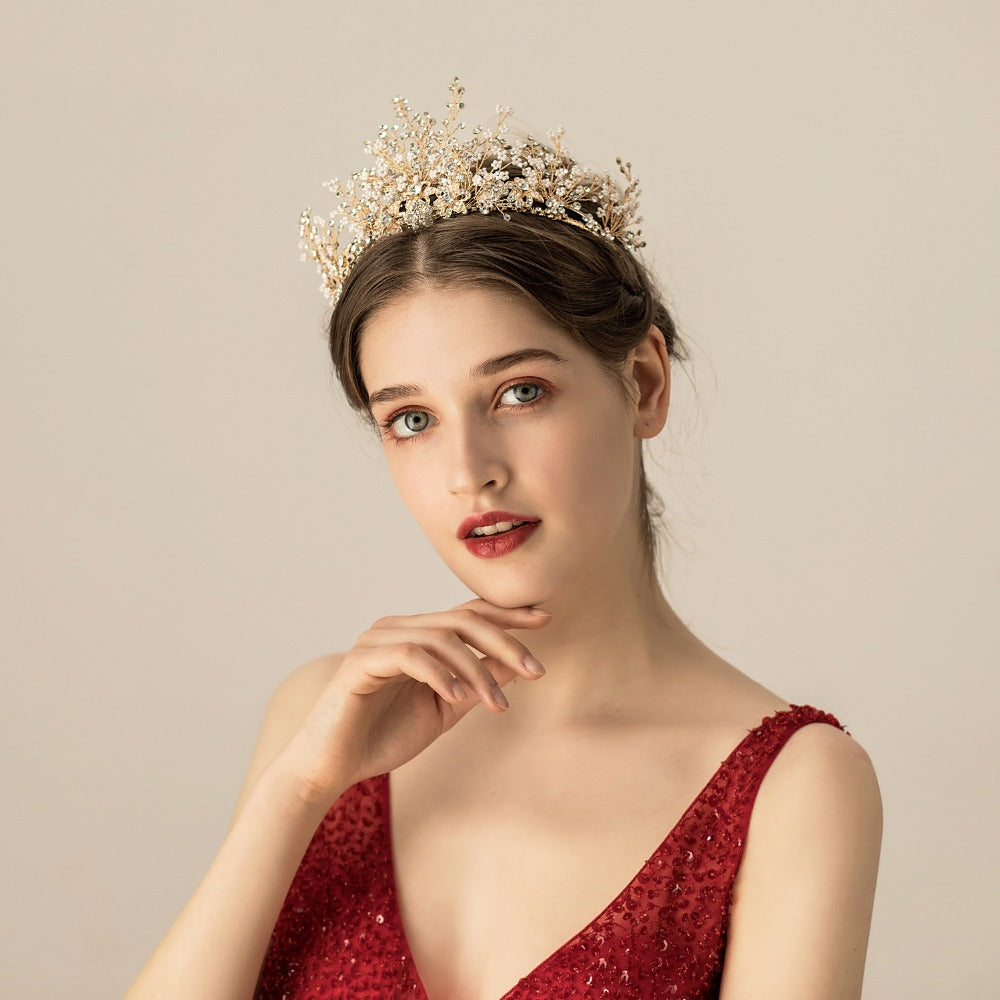 Multi-Layer Rice Bead Crown Headwear | Alloy Diamond Gold Bridal