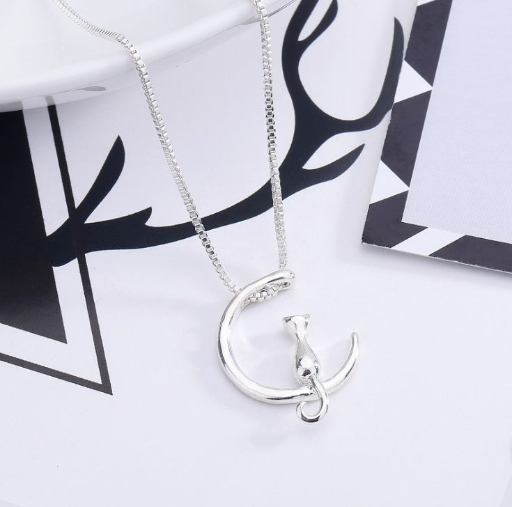 Cat and Moon Pendant Necklace for Women