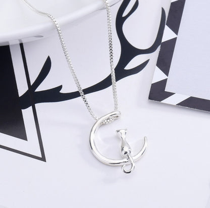 Cat and Moon Pendant Necklace for Women