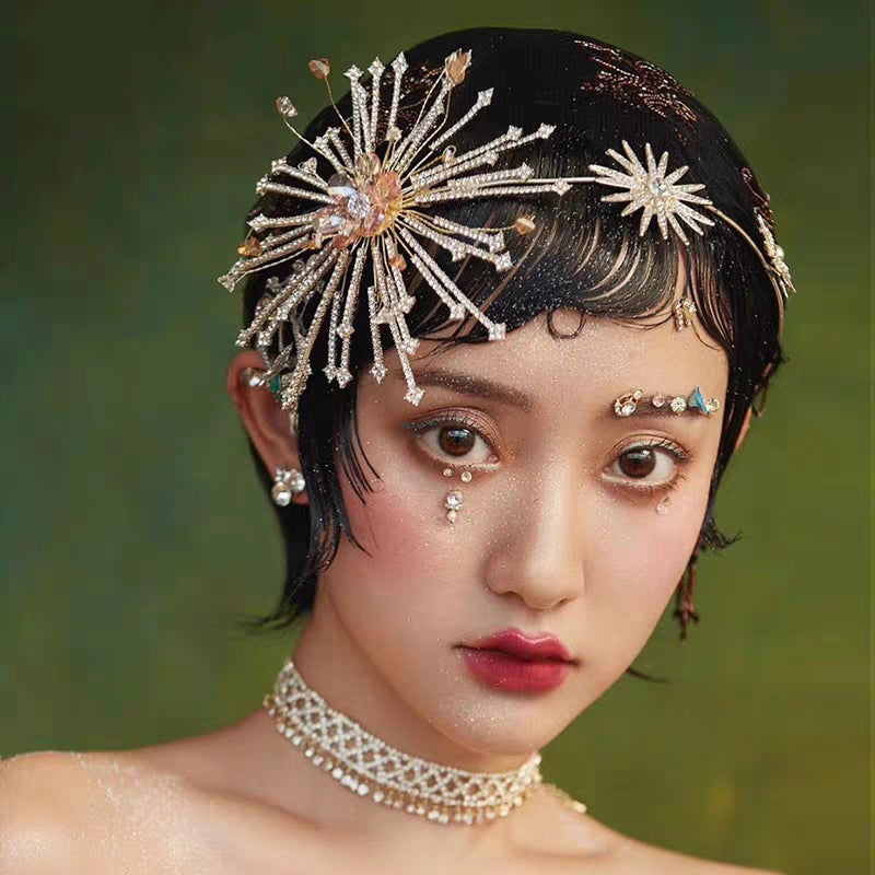 Bridal Rhinestone Fireworks Headband | Alloy Gold 14cm 103g
