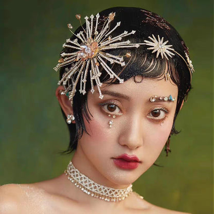 Bridal Rhinestone Fireworks Headband | Alloy Gold 14cm 103g