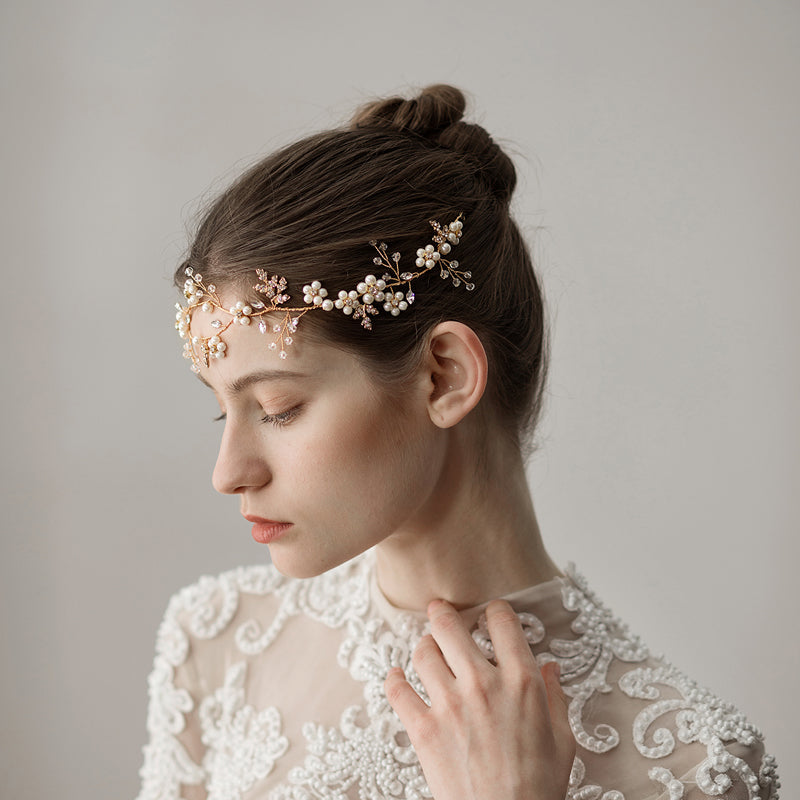 Pearl Flower Wedding Headband | Imitation Pearl Sweet Gold
