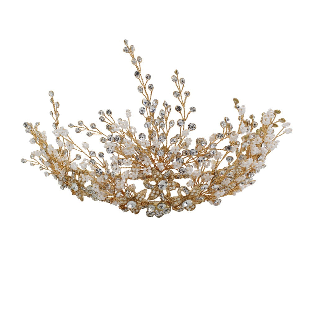 Multi-Layer Rice Bead Crown Headwear | Alloy Diamond Gold Bridal
