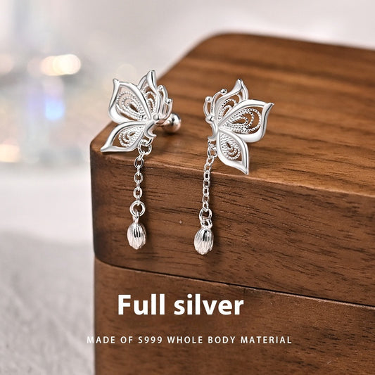 S999 Silver Butterfly Tassel Earrings | Sweet Korean Style Sterling