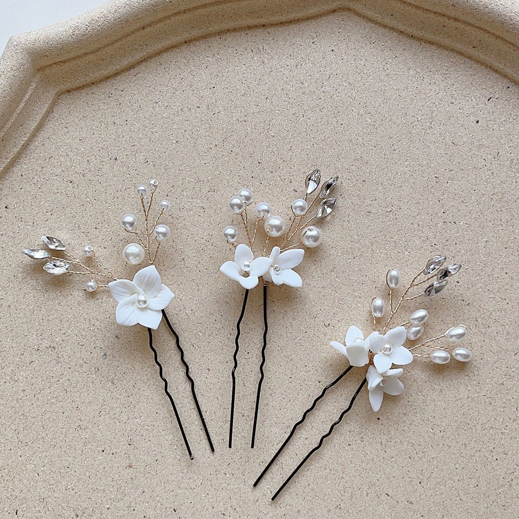 White Flower U-Shape Hairpins | Pearl 3-Set 10cm Gold Silver Rose