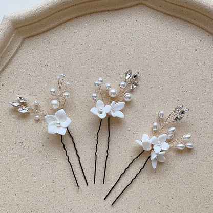 White Flower U-Shape Hairpins | Pearl 3-Set 10cm Gold Silver Rose