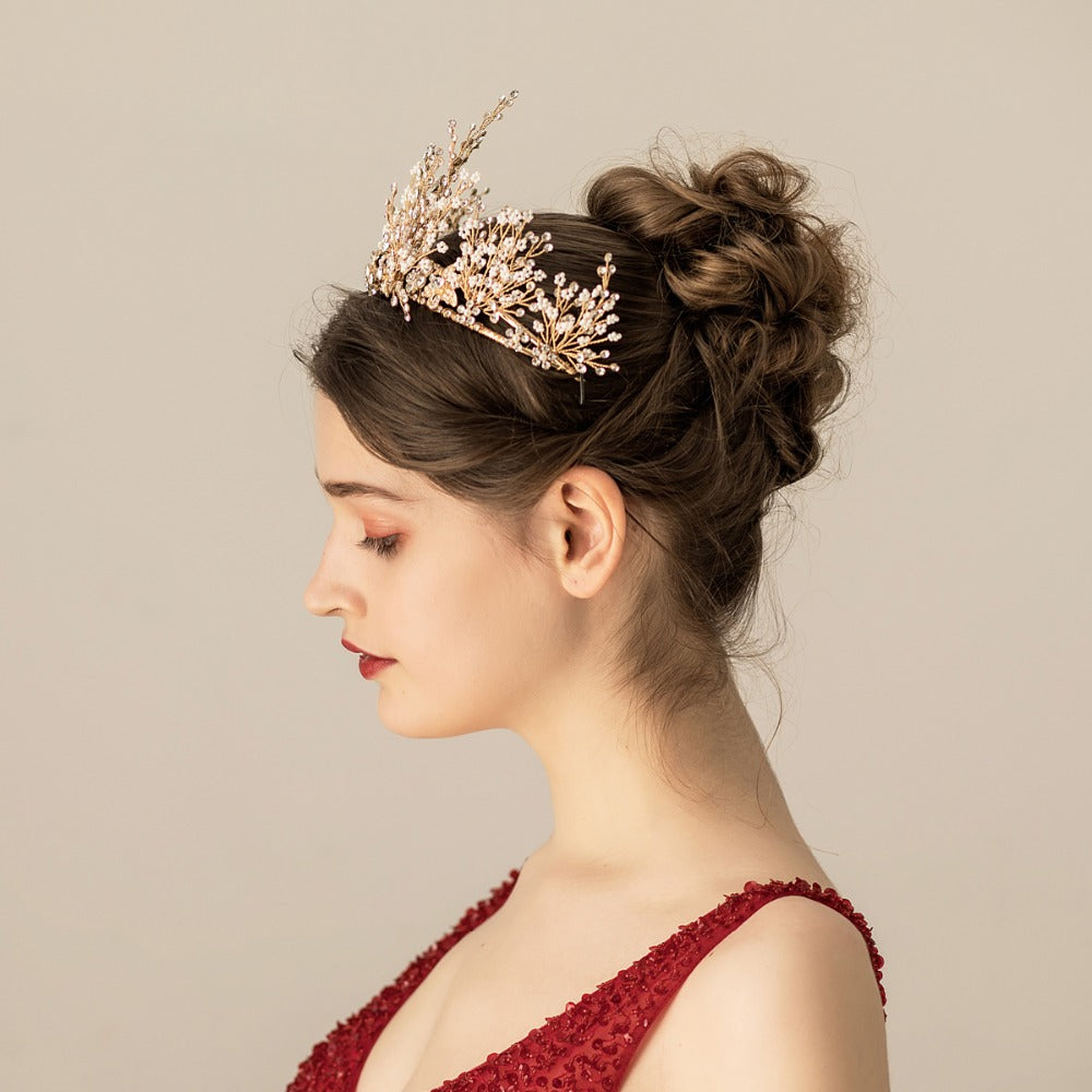 Multi-Layer Rice Bead Crown Headwear | Alloy Diamond Gold Bridal