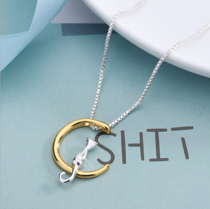 Cat and Moon Pendant Necklace for Women