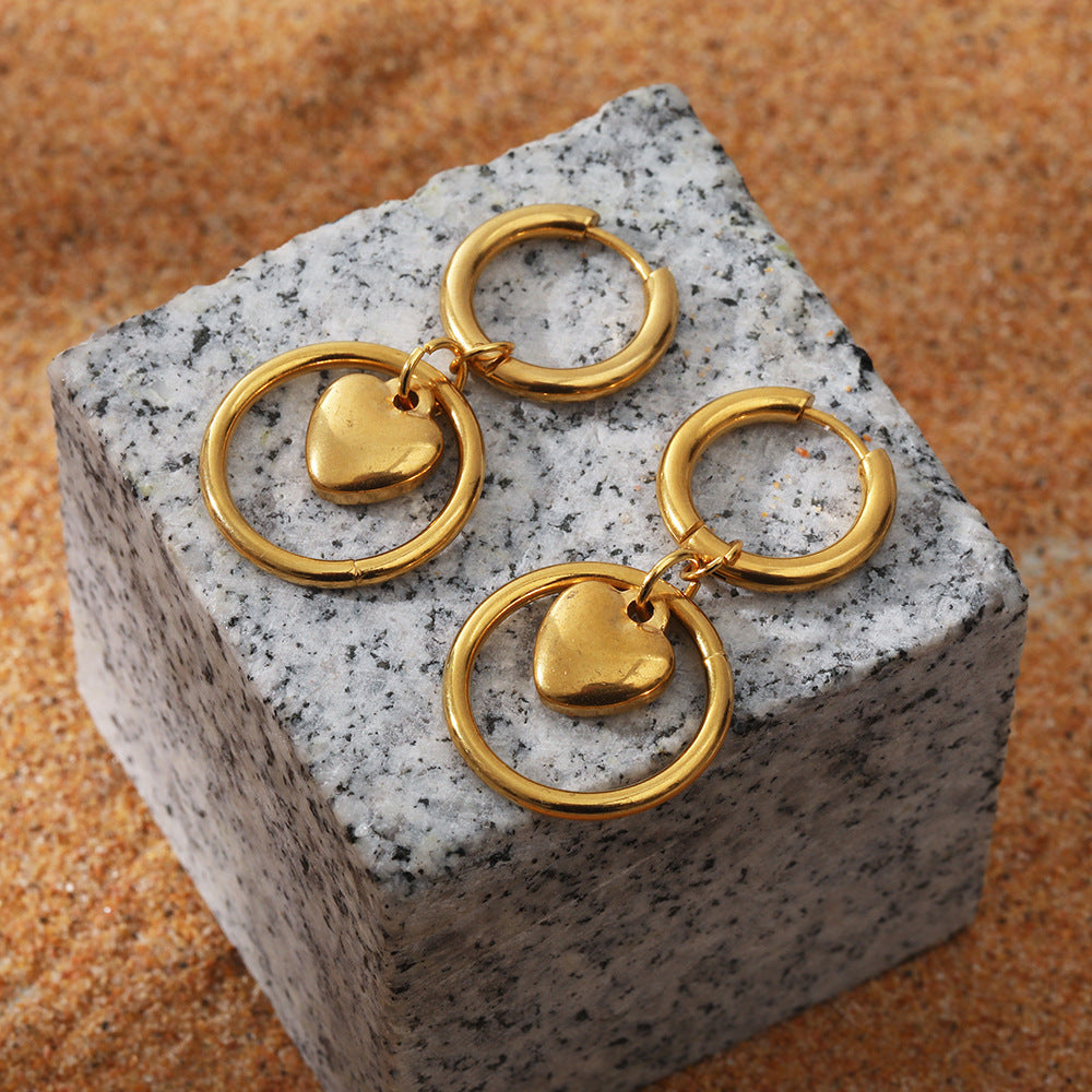 18K Gold Circle Heart Earrings | Stainless Steel European Style