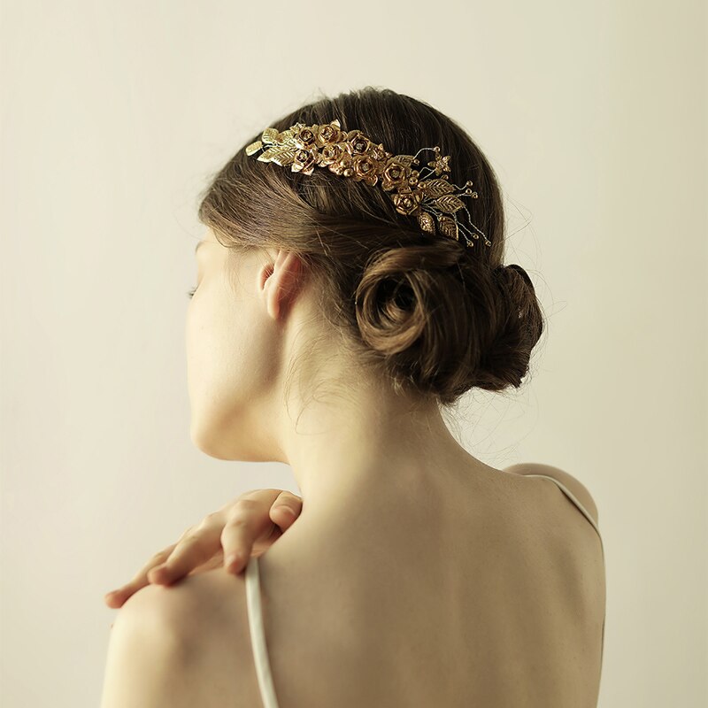 Brass Pearl Crystal Bridal Hair Comb | Copper Flower Gold 18cm