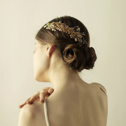 Brass Pearl Crystal Bridal Hair Comb | Copper Flower Gold 18cm