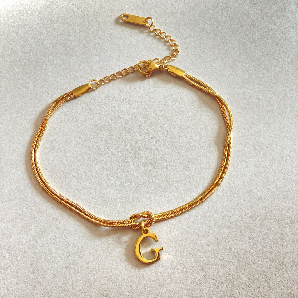 Initial Letter Love Knot Bracelet for Women | Gold Snake Chain