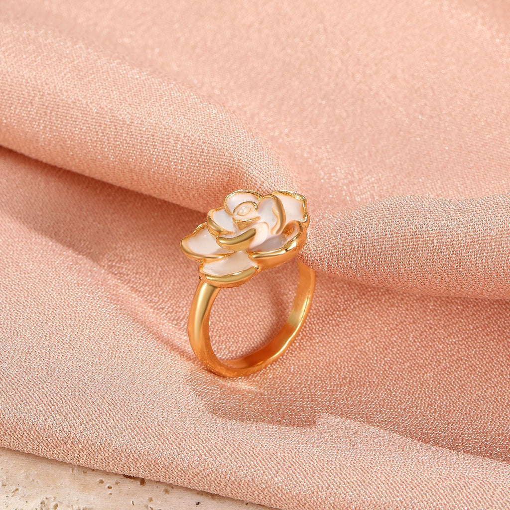 Vintage White Camellia Ring | French Light Luxury Alloy Women's