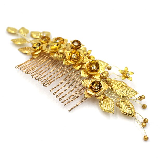 Brass Pearl Crystal Bridal Hair Comb | Copper Flower Gold 18cm