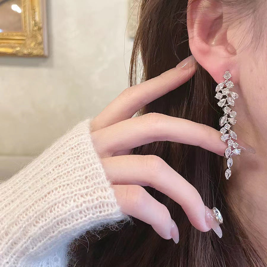Crystal Diamond Leaf Tassel Earrings | Silver Needle Alloy Natural