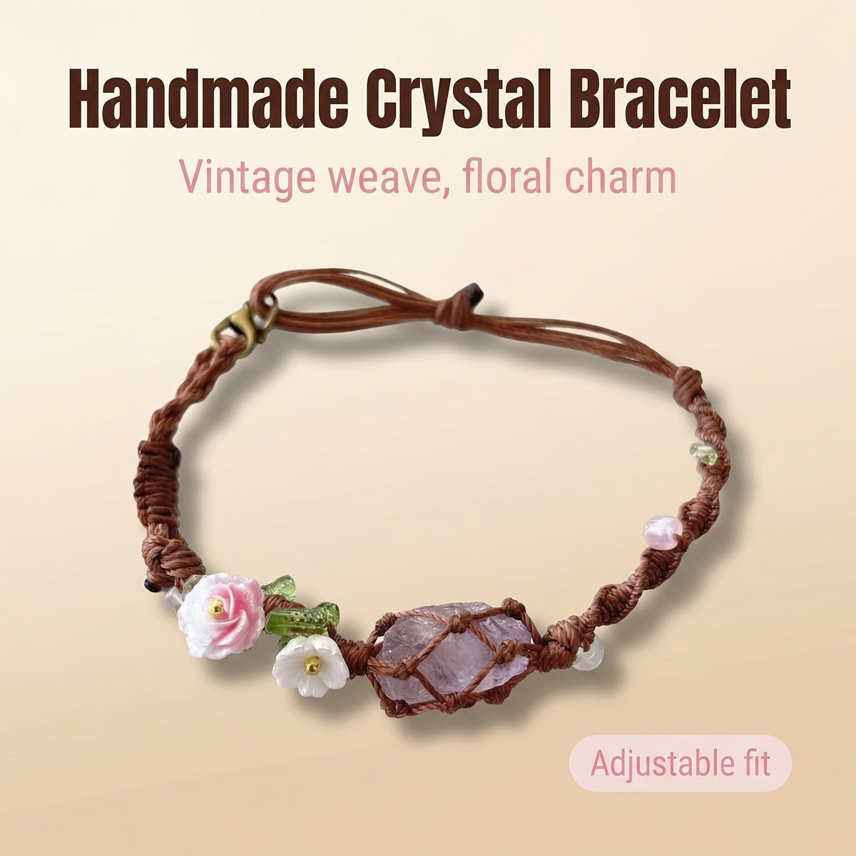 Vintage Amethyst Floral Crystal Adjustable Bangle for Women | Gift