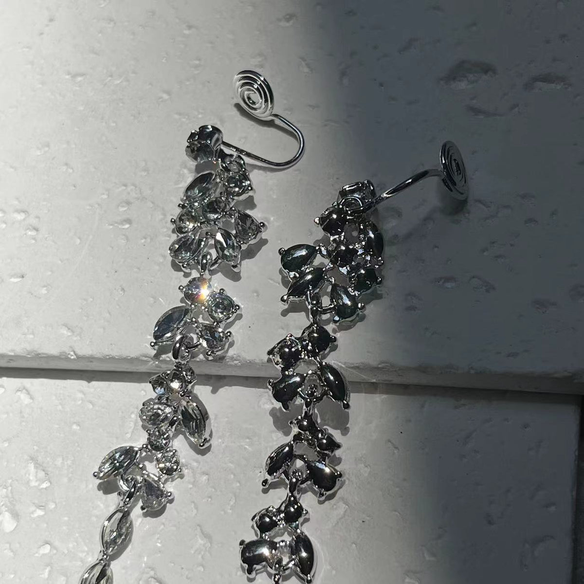 Crystal Diamond Leaf Tassel Earrings | Silver Needle Alloy Natural