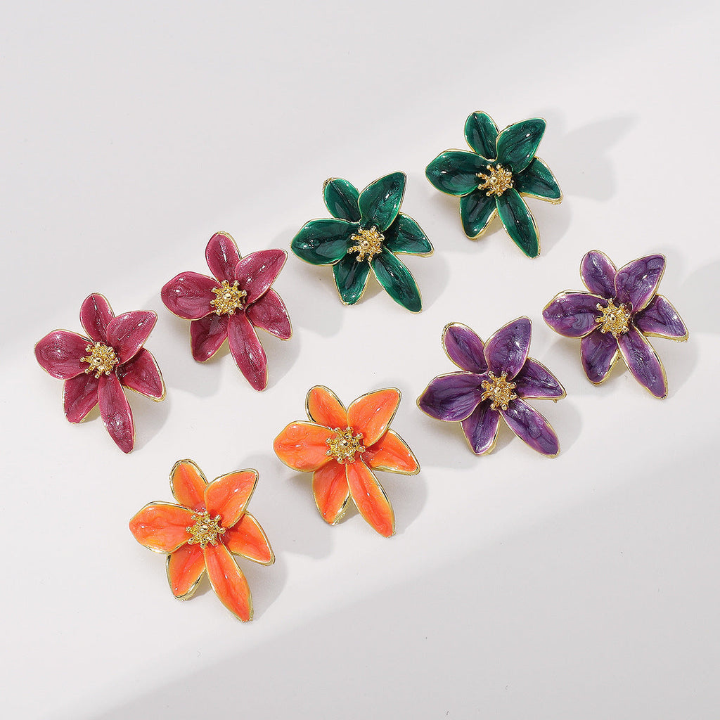 Vintage Enamel Flower Stud Earrings | Alloy Oil Drop Purple Green Wine Orange