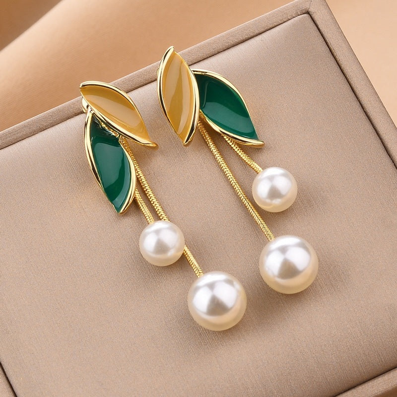 Pearl Leaf Tassel Earrings | Alloy Korean Style Beige Green