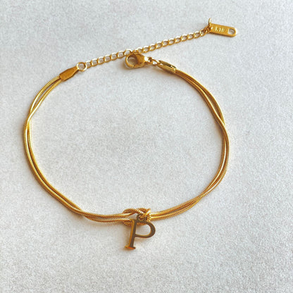 Initial Letter Love Knot Bracelet for Women | Gold Snake Chain