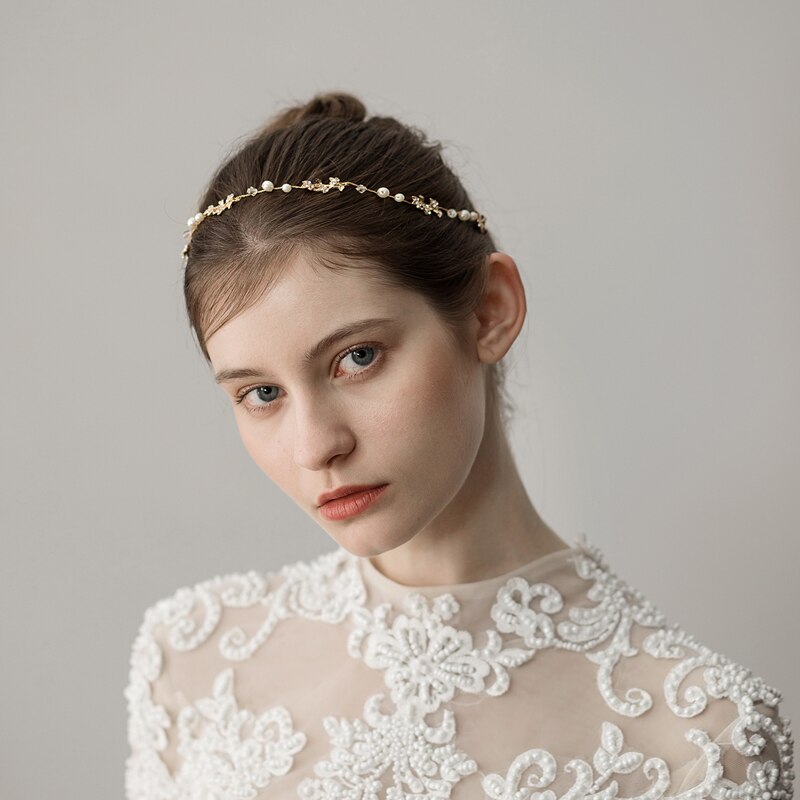Beaded Leaf Bridal Hair Ornament | Alloy Gold 38cm Simple
