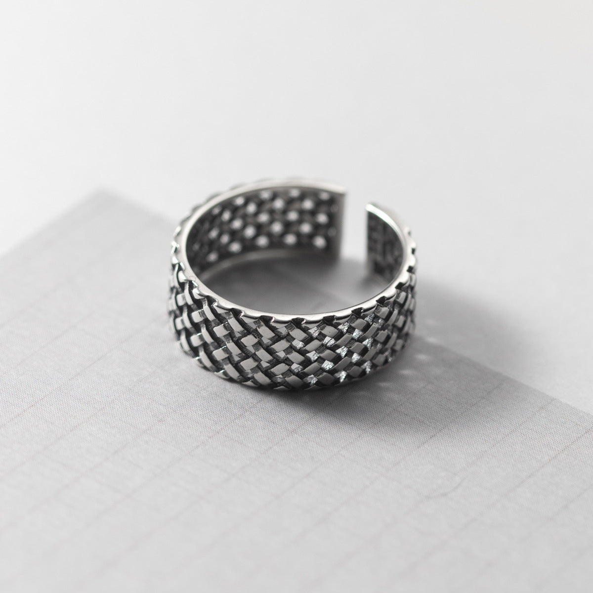 S925 Sterling Silver Plaid Woven Wide Band Ring | Adjustable Women's