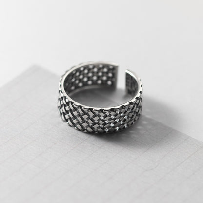 S925 Sterling Silver Plaid Woven Wide Band Ring | Adjustable Women's