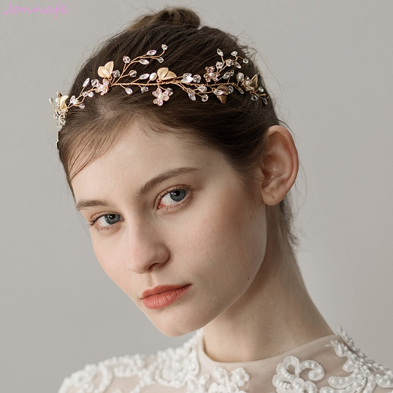 Crystal Branches Gold Leaf Headband | Alloy Diamond Natural Bridal