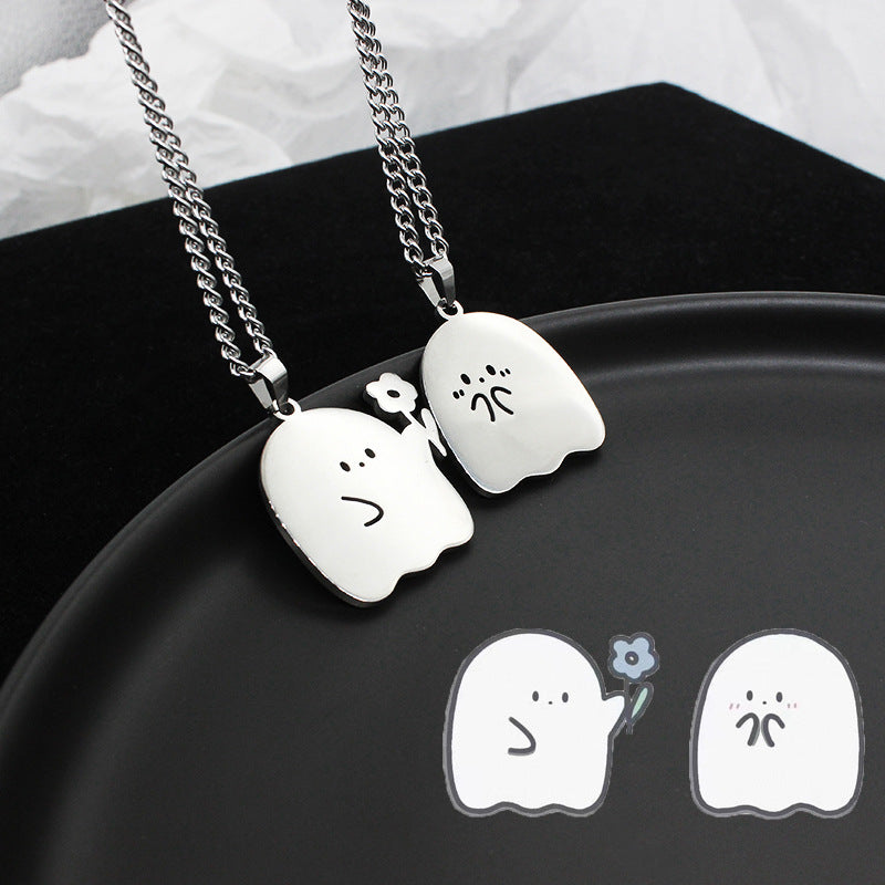 Cute Ghost and Cat Pendant Necklace in Stainless Steel