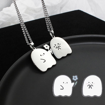Cute Ghost and Cat Pendant Necklace in Stainless Steel