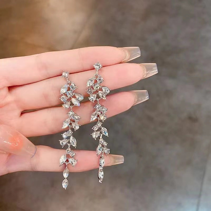 Crystal Diamond Leaf Tassel Earrings | Silver Needle Alloy Natural