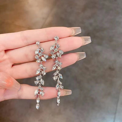 Crystal Diamond Leaf Tassel Earrings | Silver Needle Alloy Natural
