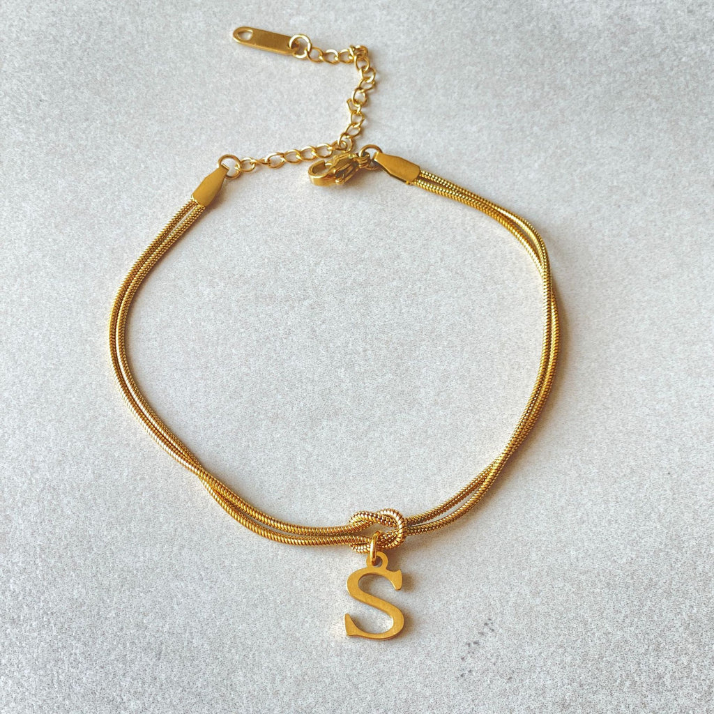 Initial Letter Love Knot Bracelet for Women | Gold Snake Chain