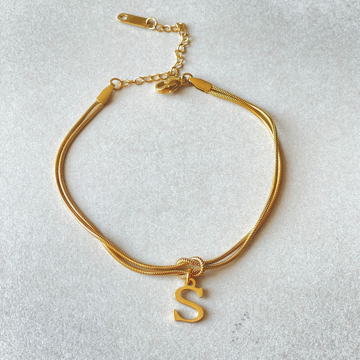 Initial Letter Love Knot Bracelet for Women | Gold Snake Chain
