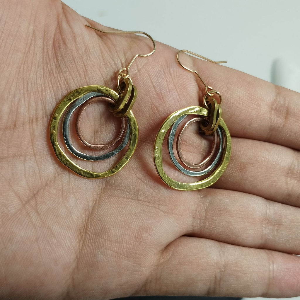 Retro Bohemian Triple-Circle Earrings | Alloy Colour-Block Ethnic