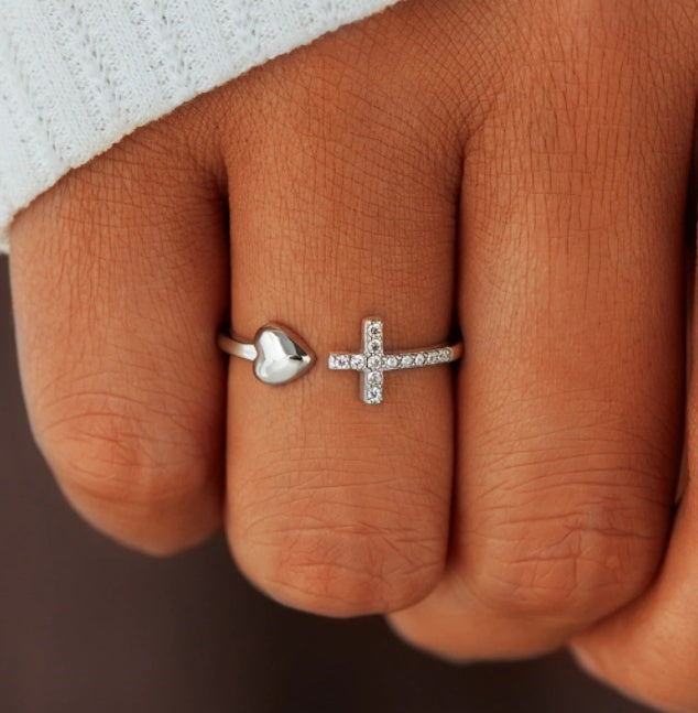 S925 Sterling Silver Love Cross Open Ring | Women's Adjustable