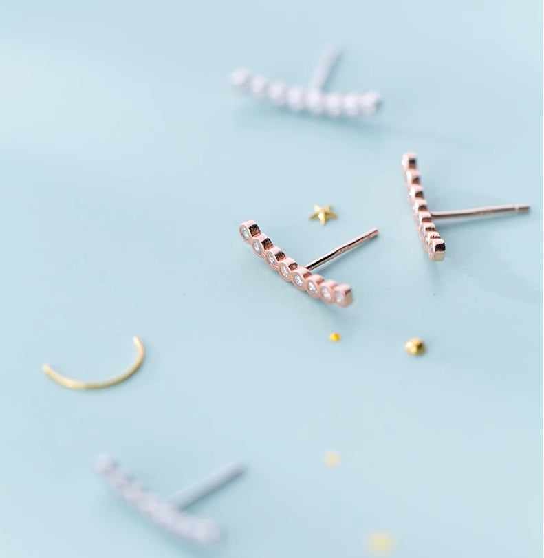 S925 Silver Rhinestone Straight Ear Studs | Silver and Rose Gold
