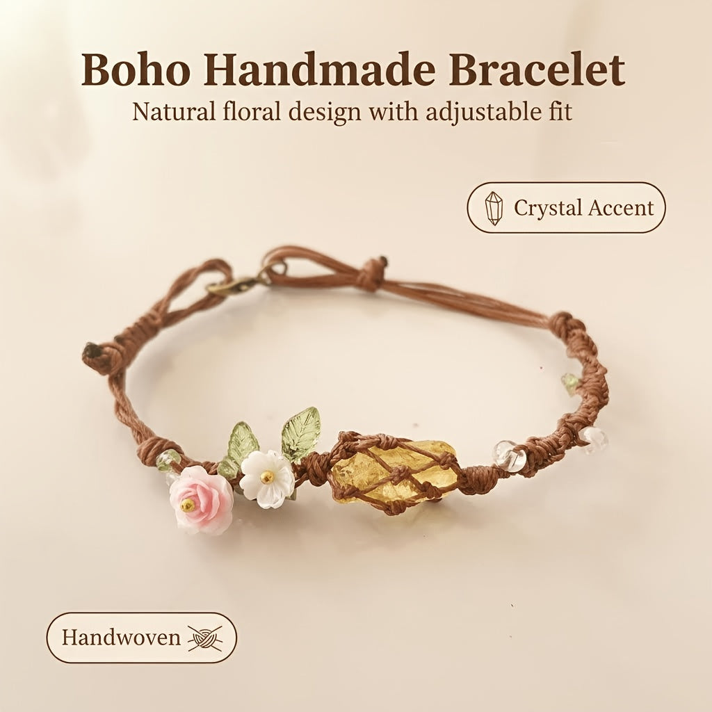 Natural Yellow Crystal Floral Boho Bracelet | Gift for Her