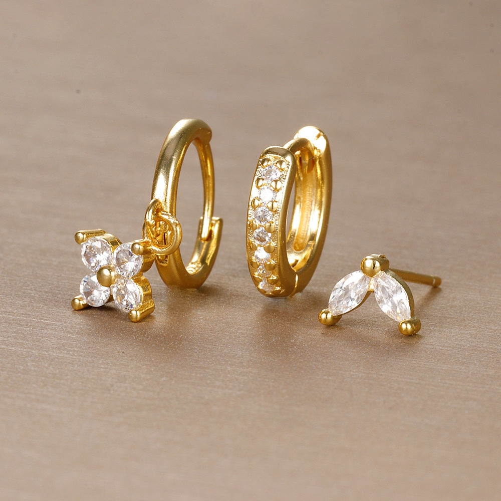 Flower Diamond Stacked Earring Set | Copper INS Gold Silver