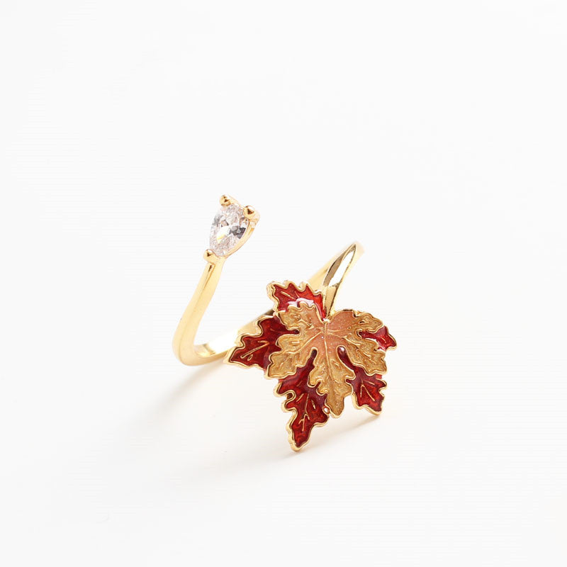 18K Gold Enamel Maple Leaf Ring | Drop Glaze Nature-Inspired