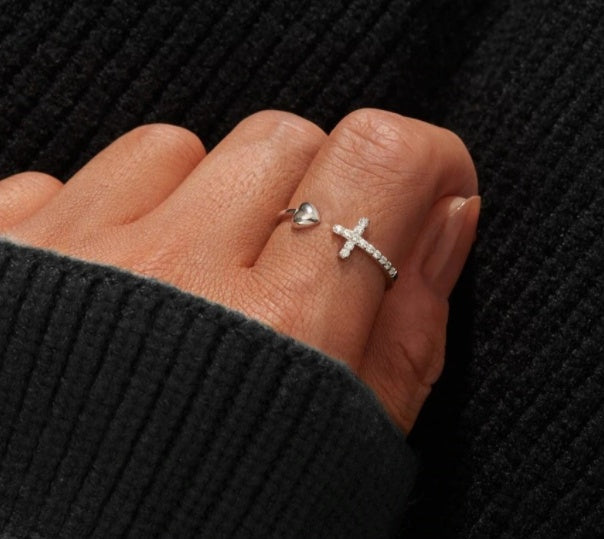 S925 Sterling Silver Love Cross Open Ring | Women's Adjustable